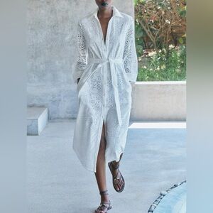 Zara EMBROIDERED EYELET WHITE BELTED DRESS